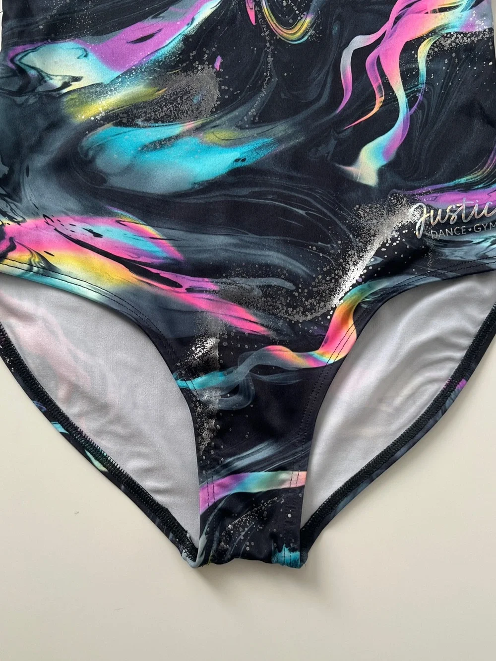 Justice Dance Gym Leotard Girls M 10 Black Neon Marble Gymnastics Dance